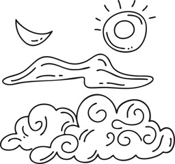 Wall Mural - A stylized sun and moon float above a fluffy cloudscape.