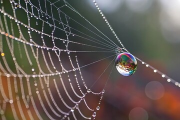A wet spiderweb glistens with morning dew drops, a natural net designed to trap insects in its intricate pattern