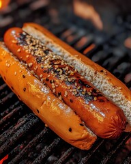 Wall Mural - Grilling hot dog with sesame seeds on a barbecue grill close up shot delicious food photography at eye level
