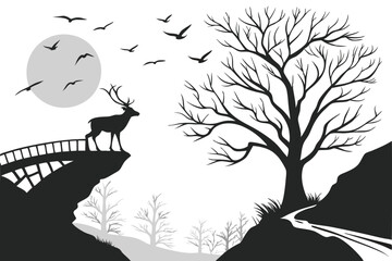 32 black and white landscape, silhouette, deer, cliff, broken bridge, full moon, bare trees, flying 
