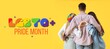 © Pixel-Shot - Young man and two women hugging on yellow background, back view. Banner for LGBT pride month