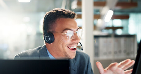Poster - Call center, smile and businessman with computer in office consulting or crm, sales and customer support. Telecom, about us and happy lead generation consultant with virtual, help or insurance faq