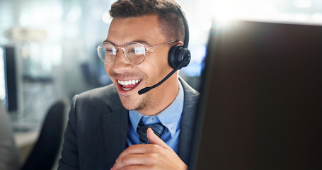Poster - Call center, customer service and happy businessman in office consulting for crm, faq and tech support. Telemarketing, insurance and friendly consultant with virtual help, loan and b2b networking