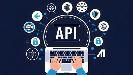 API Application Programming Interface Concept. A programmer types on a laptop, interacting with digital icons representing API development, security, and cloud computing. Application Software Tool,