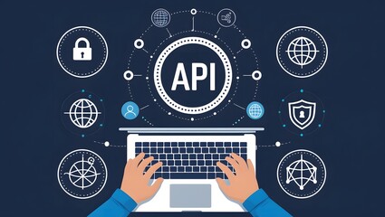 API Application Programming Interface Concept. A programmer types on a laptop, interacting with digital icons representing API development, security, and cloud computing. Application Software Tool,