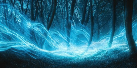 Wall Mural - a fantasy-like forest filled with soft light trails, peaceful textures and a dreamy atmosphere.