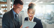 © peopleimages.com - Tablet, business people and happy from digital project success and achievement in office. Excited, smile and technology with meeting and discussion of financial team work collaboration with win