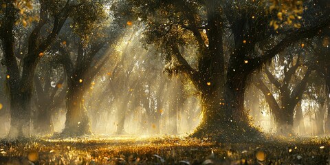Wall Mural - A photo-realistic misty forest at dawn with towering moss-covered oaks and golden particles dancing in the morning light.
