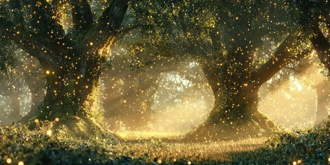 Wall Mural - A photo-realistic misty forest at dawn with towering moss-covered oaks and golden particles dancing in the morning light.