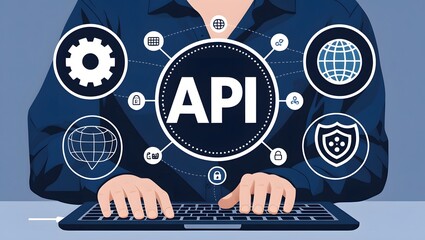 API Application Programming Interface Concept. A programmer types on a laptop, interacting with digital icons representing API development, security, and cloud computing. Application Software Tool,