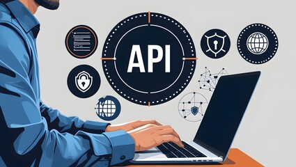 API Application Programming Interface Concept. A programmer types on a laptop, interacting with digital icons representing API development, security, and cloud computing. Application Software Tool,