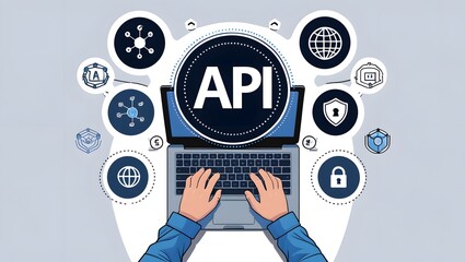 API Application Programming Interface Concept. A programmer types on a laptop, interacting with digital icons representing API development, security, and cloud computing. Application Software Tool,