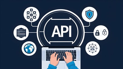 API Application Programming Interface Concept. A programmer types on a laptop, interacting with digital icons representing API development, security, and cloud computing. Application Software Tool,