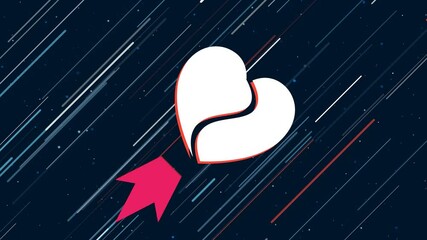 Wall Mural - Two halves of a heart symbol flies through the universe on a jet propulsion. The symbol in the center is shaking due to high speed. Seamless looped 4k animation on dark blue background with stars