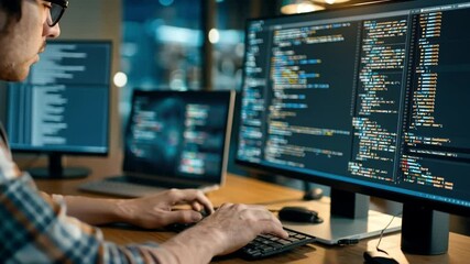 Tech Savvy at Work: A focused individual meticulously crafts lines of code, immersed in the digital world displayed on multiple screens, embodying the essence of modern programming