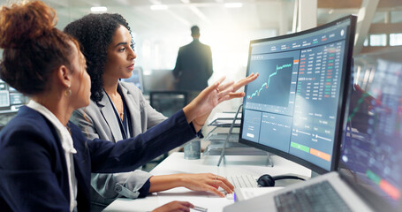 Poster - Employees, computer and night for finance, stock market and graphs on screen for data analytics. Business people, collaboration and teamwork or support, training and statistics on investment revenue