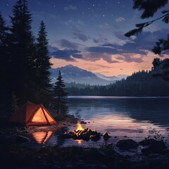 Wall Mural - Camping by serene lake at dusk with glowing tent and campfire under starry sky scenic landscape illustration