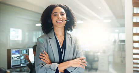 Poster - Customer service, tablet and portrait of woman in call center for consulting, telemarketing and working. Headset, professional and person on digital tech for communication, CRM support and talking