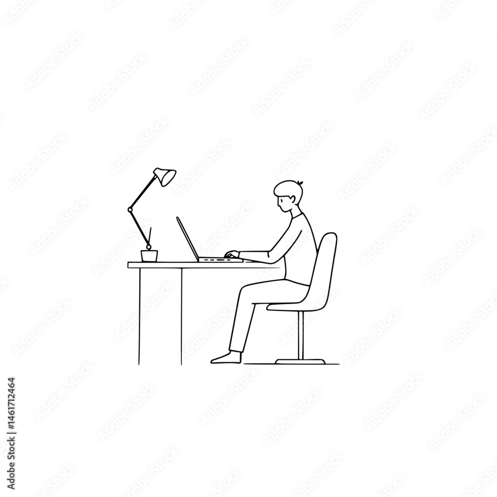 man sitting on a chair with laptop,  minimalist, black on white background line art illustration
