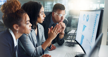Leinwandbilder - Employees, computer and night for finance, chart and planning on screen for data analytics. Business people, brainstorming and teamwork or graphs, sale profit and statistics on investment revenue