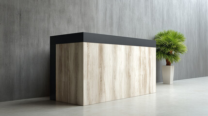 Poster - Modern luxury wood reception desk with plain color accent, minimalist style, and potted green plant in bright interior, creating calm and welcoming atmosphere