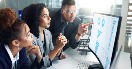 Leinwandbilder - Employees, computer and night for finance, planning and graphs for data analytics in office. Business people, brainstorming and teamwork or chart, sale profit and statistics on investment revenue