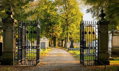 Wall Mural - tranquil cemetery with sunlit trees and gravestones