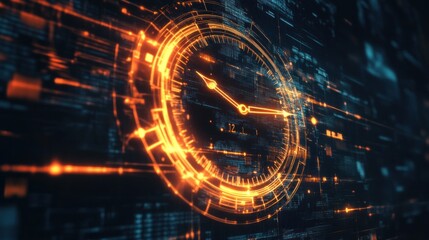 Futuristic clock interface with glowing orange and blue digital data stream background.