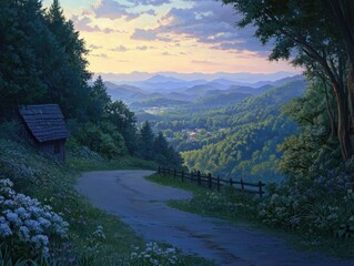Wall Mural - Serene mountain vista with winding road and rustic cabin at sunset painterly style landscape view