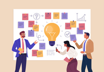 Fototapete - Business Workshop Concept. Vector cartoon illustration of a close-up group of diverse people standing near a board with sticky notes and discussing an idea. Isolated on background.