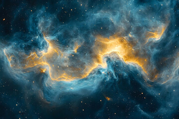 cosmic nebula displaying swirling hues of gold and blue.