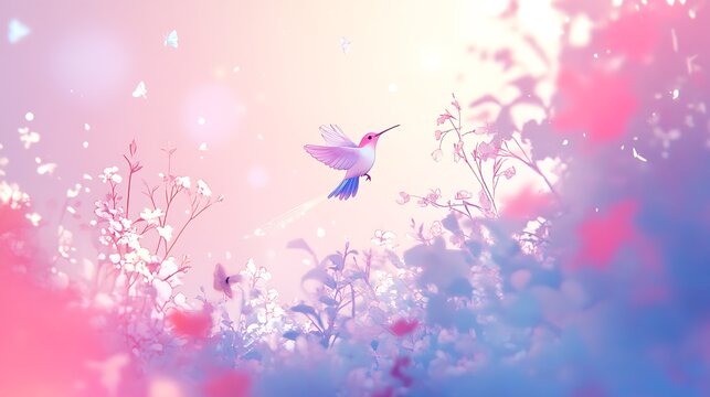 A pastel-colored anime dreamland with a tiny hummingbird dancing among flowers