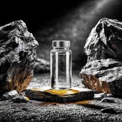 Poster - A Clear Glass Bottle Stands Proudly on a Rock Formation in a High-Contrast, Dark and Moody Landscape.
