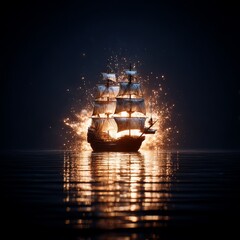 Poster - Sailing into the Mystic: A Majestic Ship Amidst Sparkling Waters Under a Starry Night Sky
