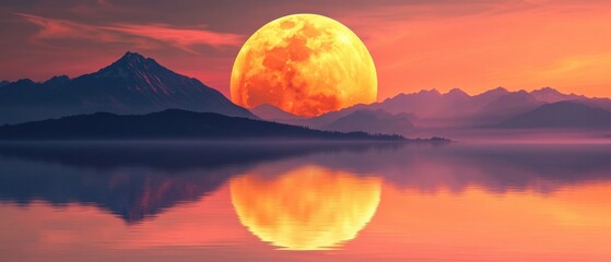 Wall Mural - Majestic Moonrise Over Mountain Range Reflecting in Calm Lake Waters at Sunset Landscape Scenic View