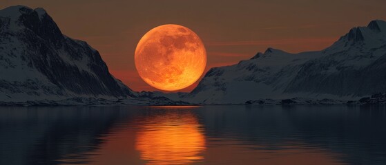 Wall Mural - Full Moon Rising Over Snowy Mountains Reflected in Lake Water at Dusk in Lofoten Norway Landscape Photography