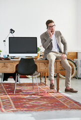Poster - Serious, business and man with phone in office for communication, information and computer screen or feedback of project. Male person, mockup and talking on mobile, contact and chat for networking