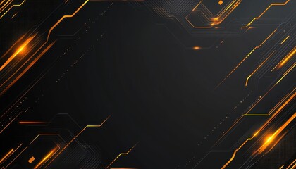 Fototapete - Abstract Dark Gray Background with Bright Orange Technology Circuit Lines and Geometric Accents for Modern Digital Designs