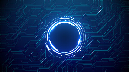 Fototapete - Neon light blue circle portal with electronics elements and wires are on a futuristic technology circuit board. Technology sky-fi background. Round glowing HUD with space for text. Vector tech bg.