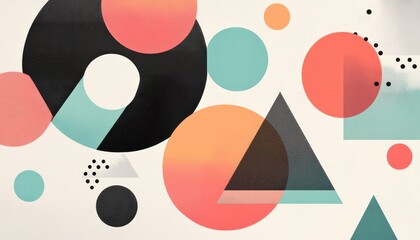 Aufkleber - Abstract Geometric Composition with Circles and Triangles in Black Coral Peach and Teal on Off White Background