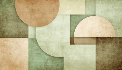 Aufkleber - Abstract Geometric Design with Circles and Squares in Earth Tones Beige Tan Olive Green and Moss Green Vintage Textured Backdrop