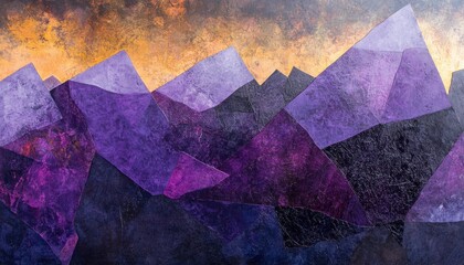 Fototapete - Abstract Geometric Mountain Landscape in Purple Orange and Dark Hues with Textured Paper Design for Creative Backgrounds and Decorative Elements