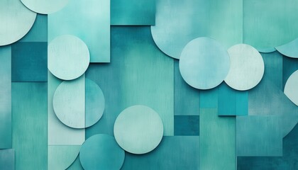 Poster - Abstract Geometric Pattern Featuring Circles and Squares in Varied Shades of Blue Green Background