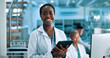 © peopleimages.com - Science, confident or happy woman in lab with tablet, portrait or gene editing in medical experiment. Solution, biology innovation or proud scientist with health report, DNA test or research results