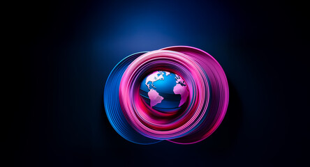 Wall Mural - a stylized earth globe is encircled by vibrant, swirling, pink and blue neon rings against a dark bl