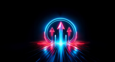 Wall Mural - glowing neon arrows ascend within a vibrant circular frame, radiating energy and symbolizing upward 