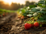 Reife Erdbeeren wachsen an einer Pflanze auf einem Erdbeerfeld bei Sonnenuntergang, mit natürlichem Licht und unscharfem Hintergrund – Nahaufnahme im Sommer. Erdbeeren pflücken in Schleswig-Holstein