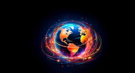 Canvas Print - a vibrant, stylized earth glows with multicolored energy rings against a dark background. the contin