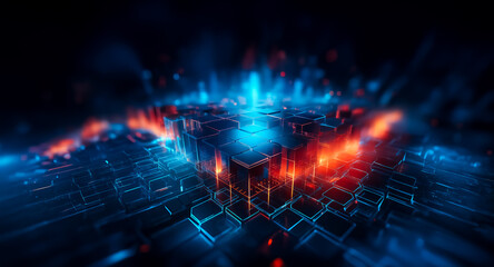 Wall Mural - a glowing, futuristic cube at the center of a complex digital network, with vibrant blue and red ene