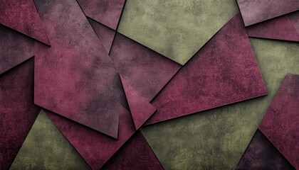Fototapete - Overlapping Triangles in Burgundy Red and Olive Green Grunge Textured Abstract Background